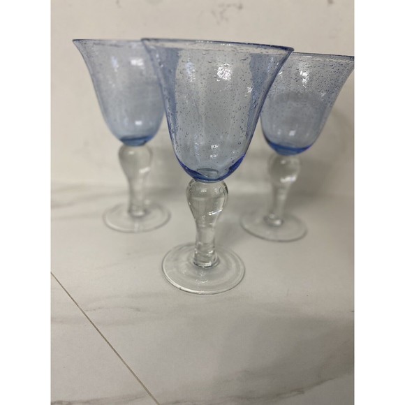 3 Artland Iris Light Blue Hand Blown Bubble Glass Bulbous Clear Stem Goblets - Picture 8 of 15